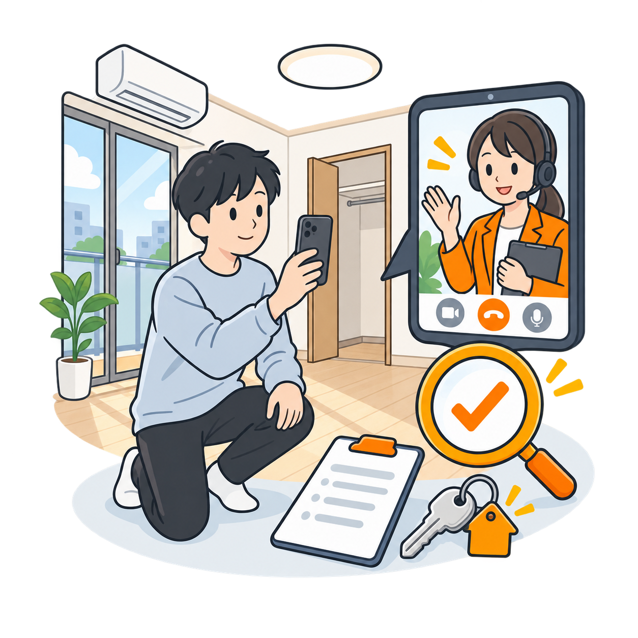 退去立会いで契約書と室内をオンライン確認するイラスト